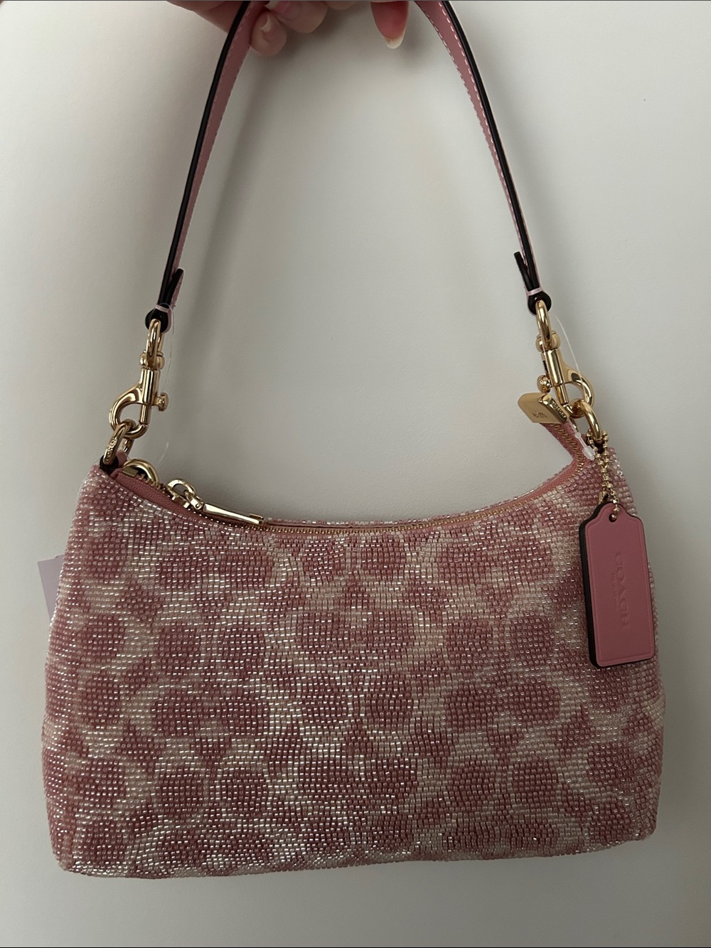 coach pink Teri Shoulder Bag In Signature Beaded Satin